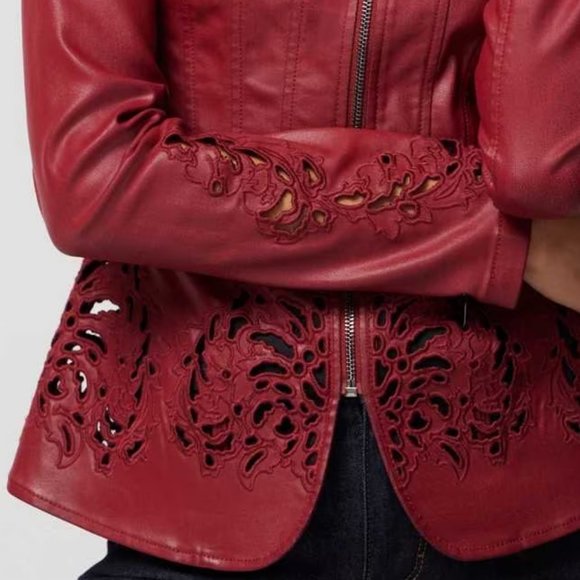 WHBM NWT Cutwork Coated Denim Flirty Jacket Dark Red LEATHER LOOK - Picture 9 of 12